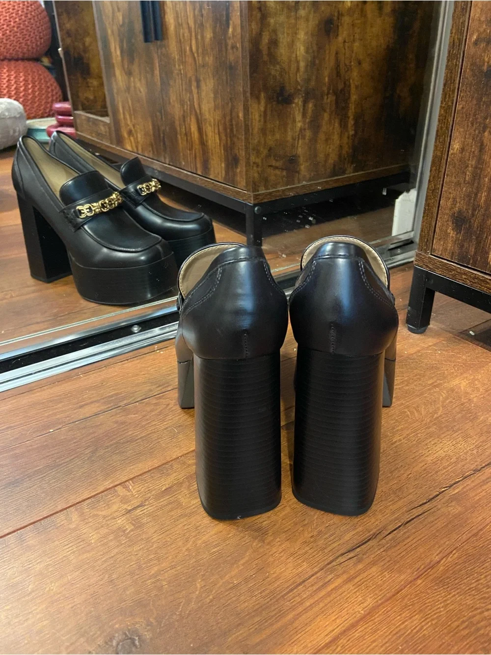 Sam Edelman Black Platform Loafers with Gold Chain